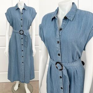 Chambray Light Denim Belted Short Sleeve Maxi Shirt Dress - Spring / Summer